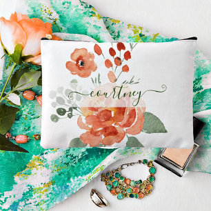 Orange watercolor floral personalised accessory pouch