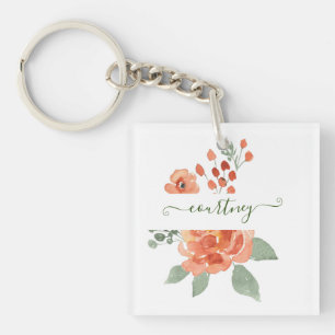 Orange watercolor floral personalised key ring