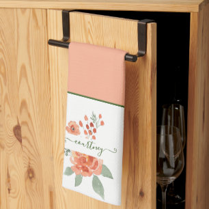 Orange watercolor floral personalised kitchen to tea towel