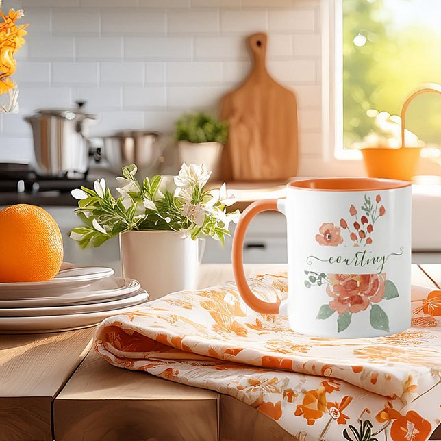 Orange watercolor floral personalised mug (Creator Uploaded)