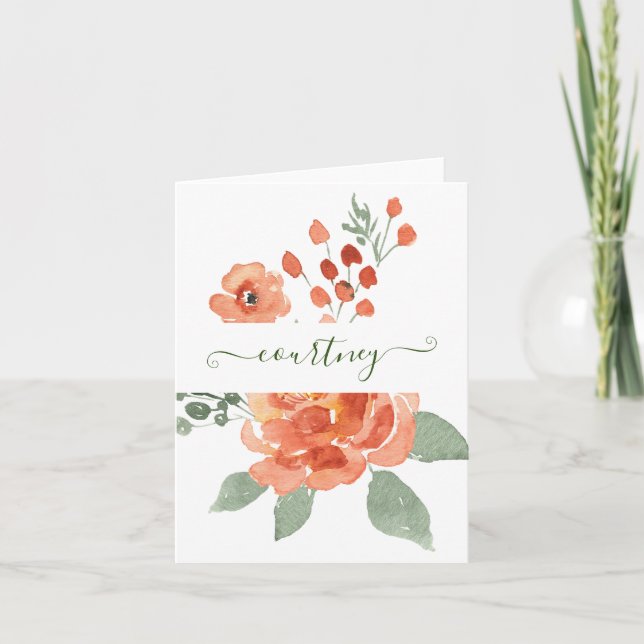 Orange watercolor floral personalised   note card (Front)