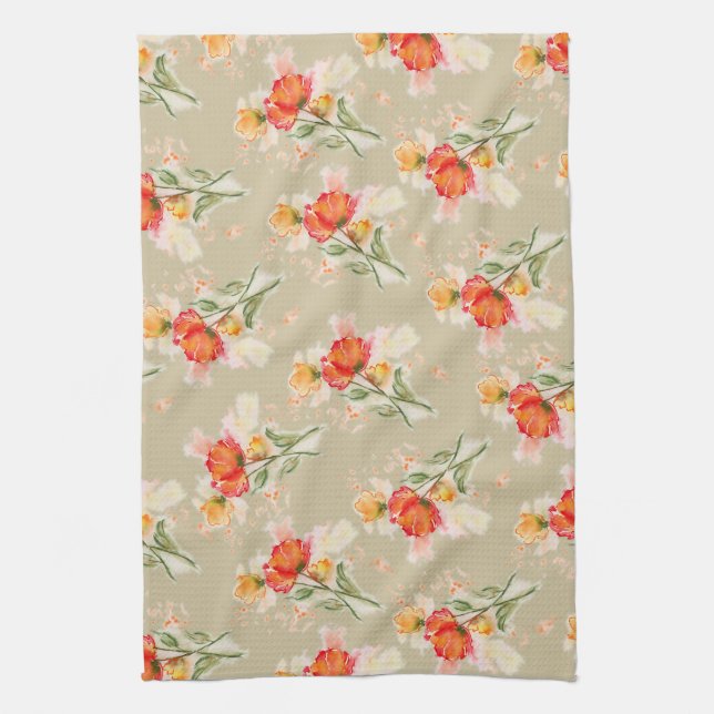Orange Watercolor Florals Tea Towel (Vertical)
