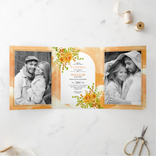 Orange watercolor flowers and arch floral wedding Tri-Fold invitation