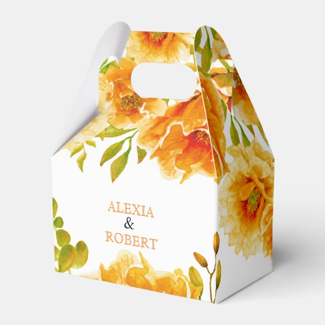 Orange watercolor flowers and leaves wedding favour box (Front Side)