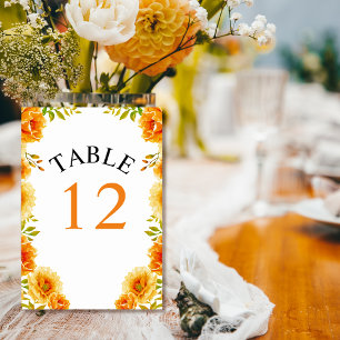 Orange watercolor flowers and leaves wedding table number