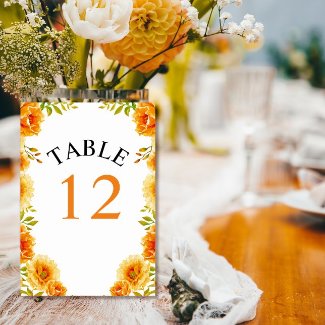 Orange watercolor flowers and leaves wedding table number (Creator Uploaded)