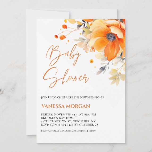 Orange Watercolor Flowers Baby shower invitation (Front)