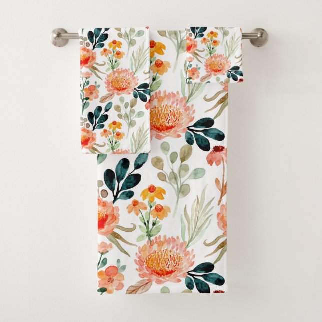 Orange Watercolor flowers Bath Towel Set (Insitu)