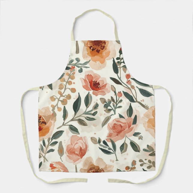 Orange Watercolor Flowers Botanical Painting Apron (Front)
