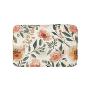 Orange Watercolor Flowers Botanical Painting Bath Mat