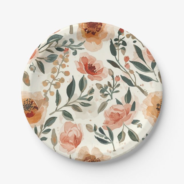 Orange Watercolor Flowers Botanical Painting Paper Plate (Front)