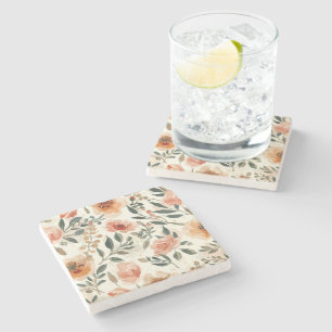 Orange Watercolor Flowers Botanical Painting Stone Coaster