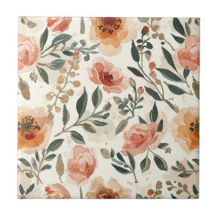 Orange Watercolor Flowers Botanical Painting Tile