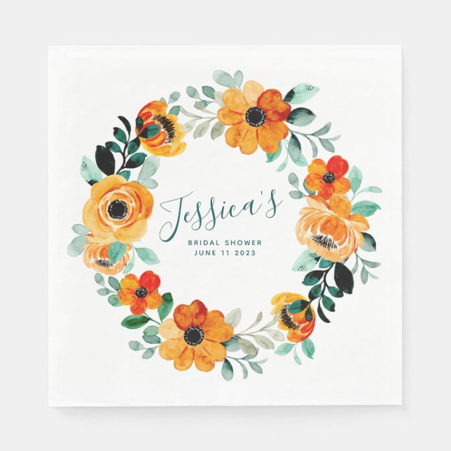 Orange Watercolor Flowers Custom Bridal Shower Napkin (Front)