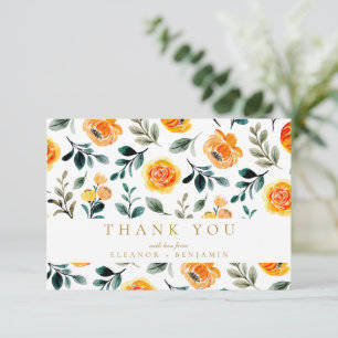 Orange Watercolor Flowers Custom Wedding Thank You Card