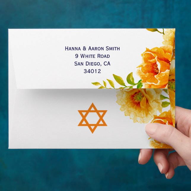 Orange watercolor flowers floral Bat Mitzvah Envelope (Hand)