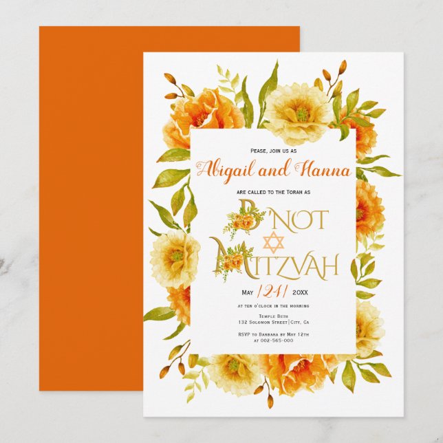 Orange watercolor flowers floral B'Not Mitzvah Invitation (Front/Back)