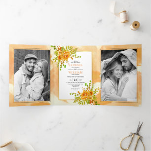 Orange watercolor flowers floral boho fall wedding Tri-Fold invitation