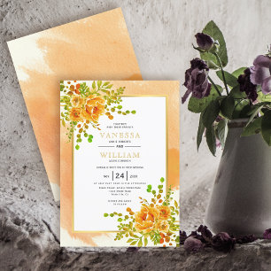 Orange watercolor flowers floral wedding invitation
