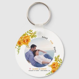 Orange watercolor flowers, green leaves and photo key ring