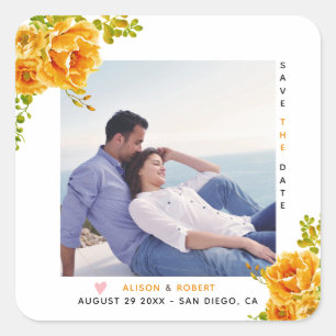 Orange watercolor flowers, green leaves and photo square sticker