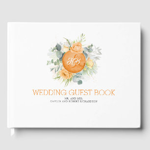Orange Watercolor Flowers Monogram Wedding Guest Book