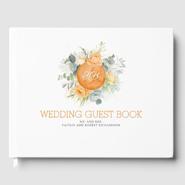 Orange Watercolor Flowers Monogram Wedding Guest Book (Front)