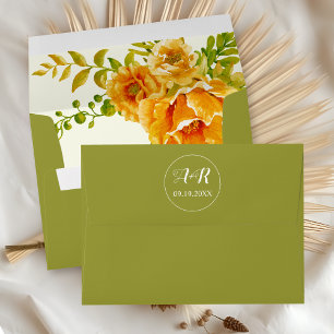 Orange watercolor flowers olive green wedding envelope