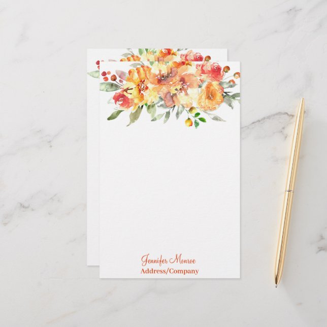 Orange watercolor flowers personalised stationery (Front/Back In Situ)