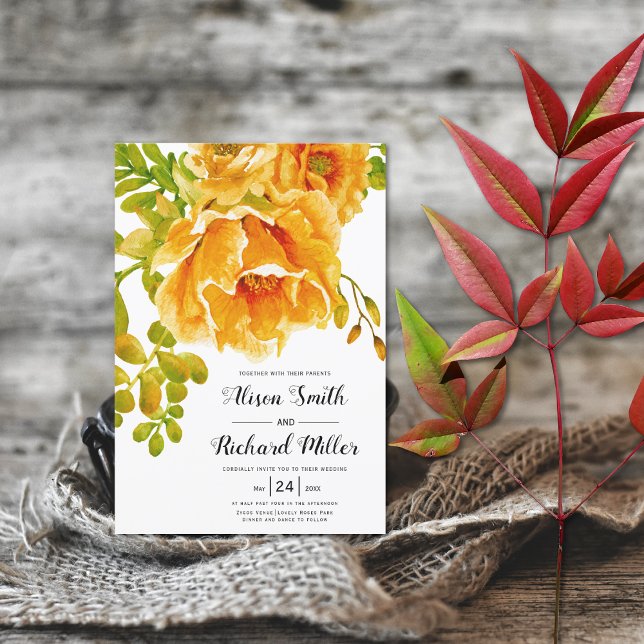 Orange watercolor flowers typography wedding invitation (Creator Uploaded)