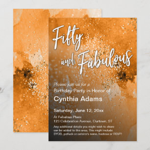 Orange Watercolor Glitter Fifty and Fabulous Invitation