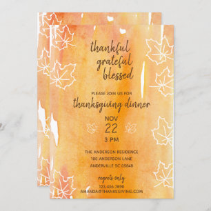 Orange Watercolor Maple Leaf Thanksgiving Diner Invitation