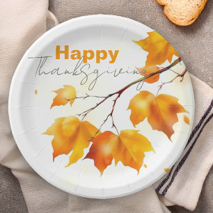 Orange Watercolor Maple Leaf Thanksgiving Paper Plate