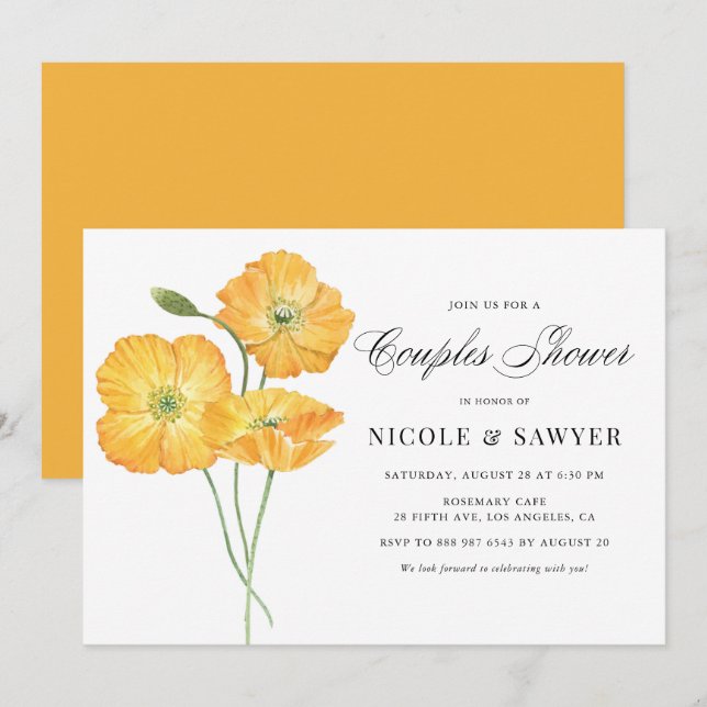 Orange Watercolor Poppy Flowers Couples Shower Invitation (Front/Back)