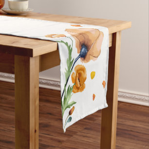 Orange watercolor poppy short table runner