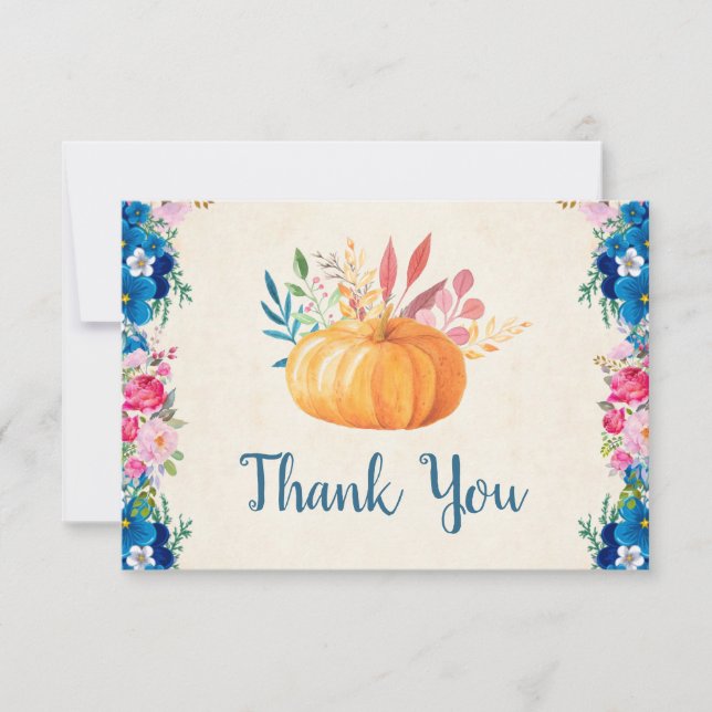 orange Watercolor Pumpkin and Flowers Thank You Card (Front)