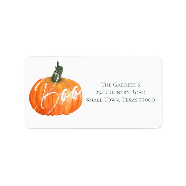 Orange Watercolor Pumpkin Boo Personalised Address Label (Front)
