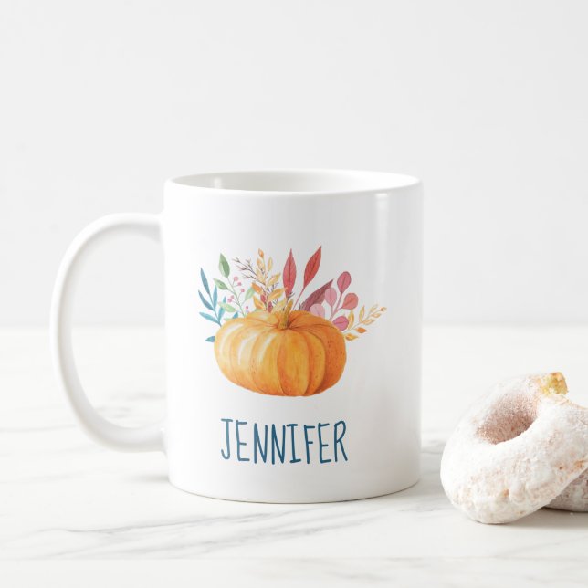 Orange Watercolor Pumpkin Fall Season Coffee Mug (With Donut)