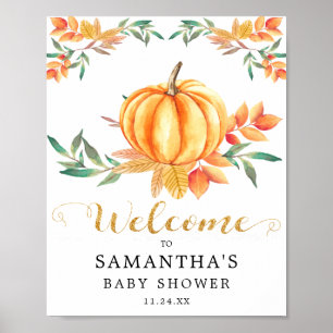 Orange Watercolor Pumpkin Gold Fall Baby Shower Poster