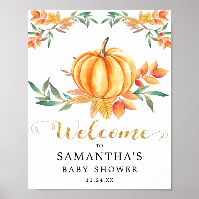 Orange Watercolor Pumpkin Gold Fall Baby Shower Poster (Front)