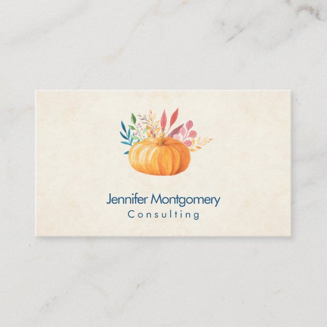 Orange Watercolor Pumpkin on Faux Parchment Business Card (Front)
