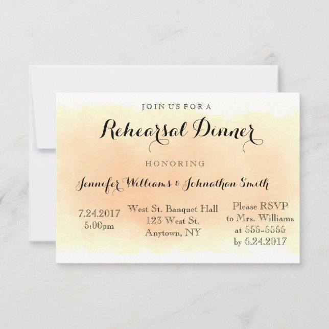 Orange watercolor rehearsal dinner invitations (Front)