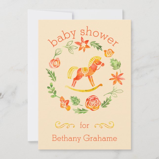 Orange Watercolor Rocking Horse Baby Shower Invitation (Front)