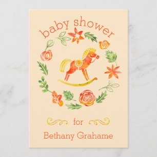 Orange Watercolor Rocking Horse Baby Shower Invitation