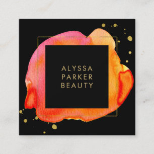 Orange Watercolor Splash on Black with Gold Square Business Card