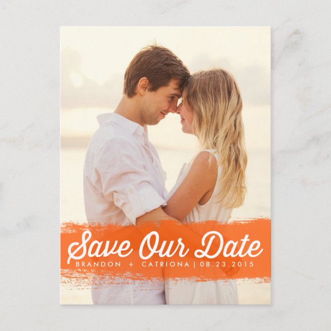 ORANGE WATERCOLOR SPLASH | SAVE THE DATE POSTCARD (Front)