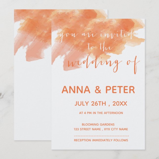 Orange Watercolor Splash Script Wedding Invitation (Front/Back)