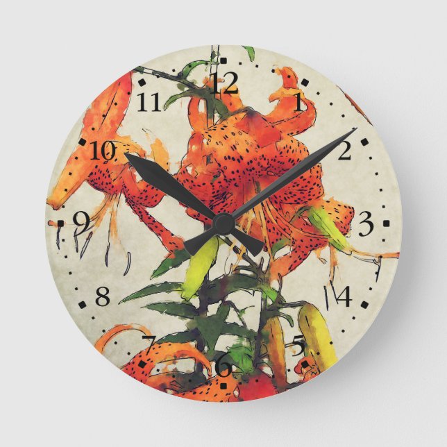 Orange Watercolor Tiger Lily 1 Round Clock (Front)