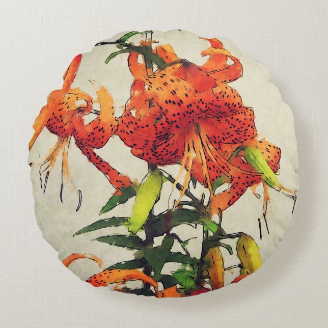 Orange Watercolor Tiger Lily 1 Round Cushion (Front)