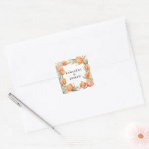 Orange Watercolor Tulips Border Couple Wedding Square Sticker